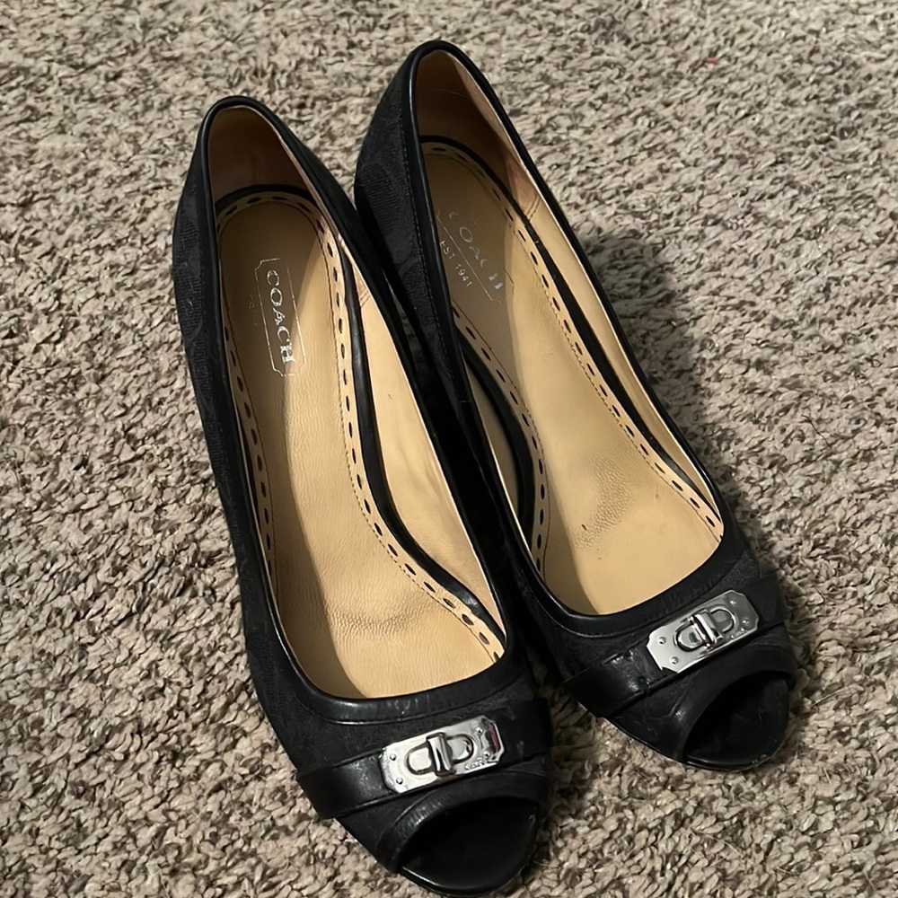 Coach black peep toe wedges
